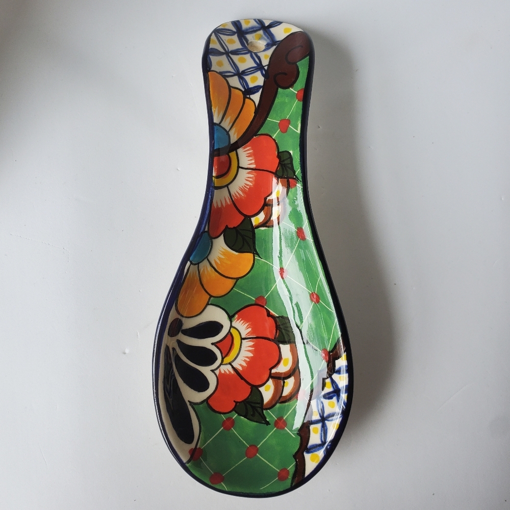 Mexican Talavera Pottery Spoon Rest Handpainted Lead Free Made In Mexico EUC